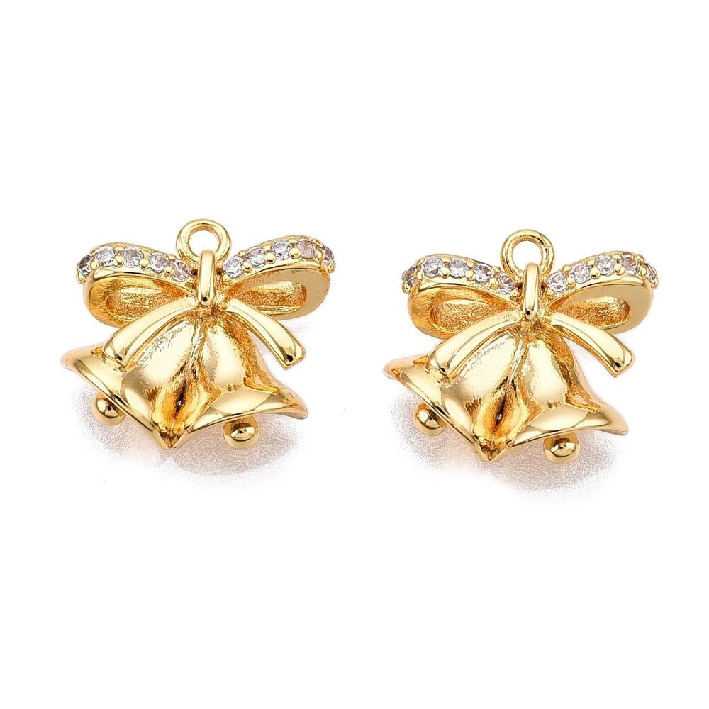 2687 10 Pcs Christmas Bell Charms Bulk 18K Gold Plated Charms Brass Pave